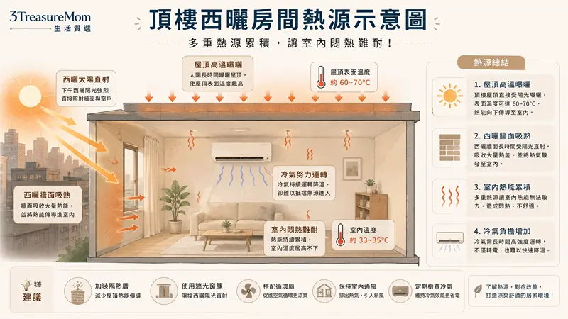 頂樓西曬房間熱源與冷氣負擔示意圖