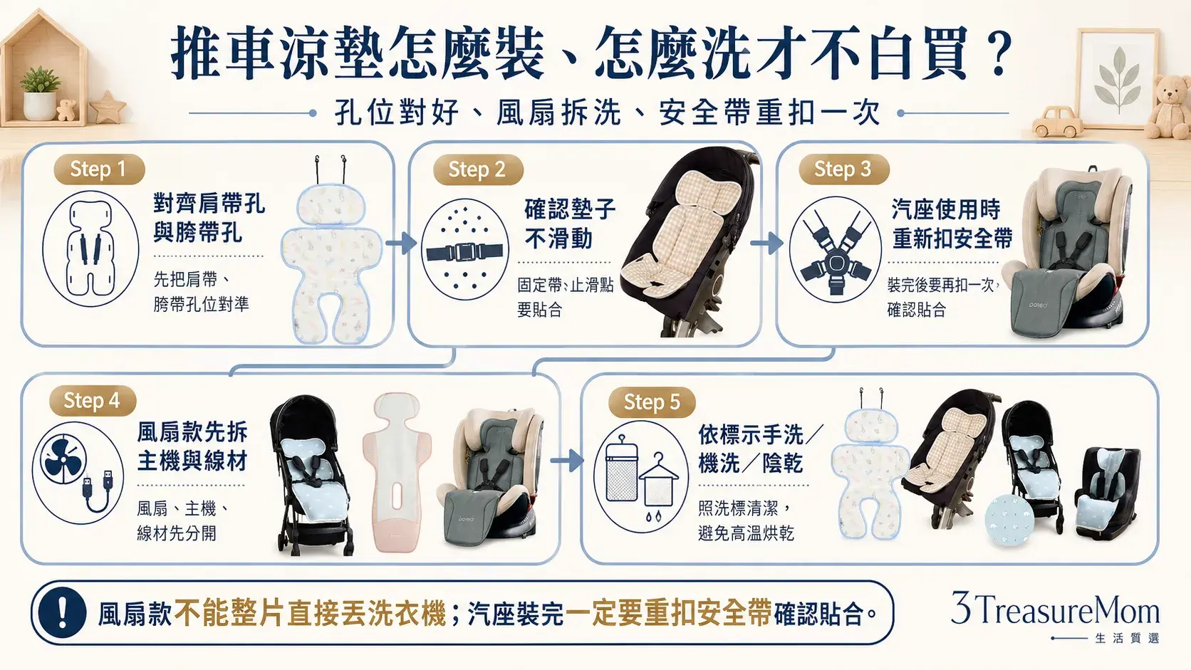 推車涼墊怎麼裝怎麼洗 風扇主機拆洗與汽座安全帶確認