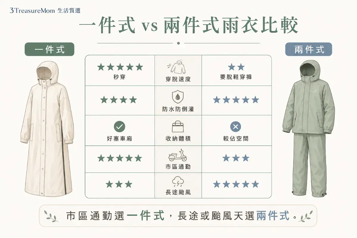 一件式雨衣與兩件式雨衣差異比較圖
