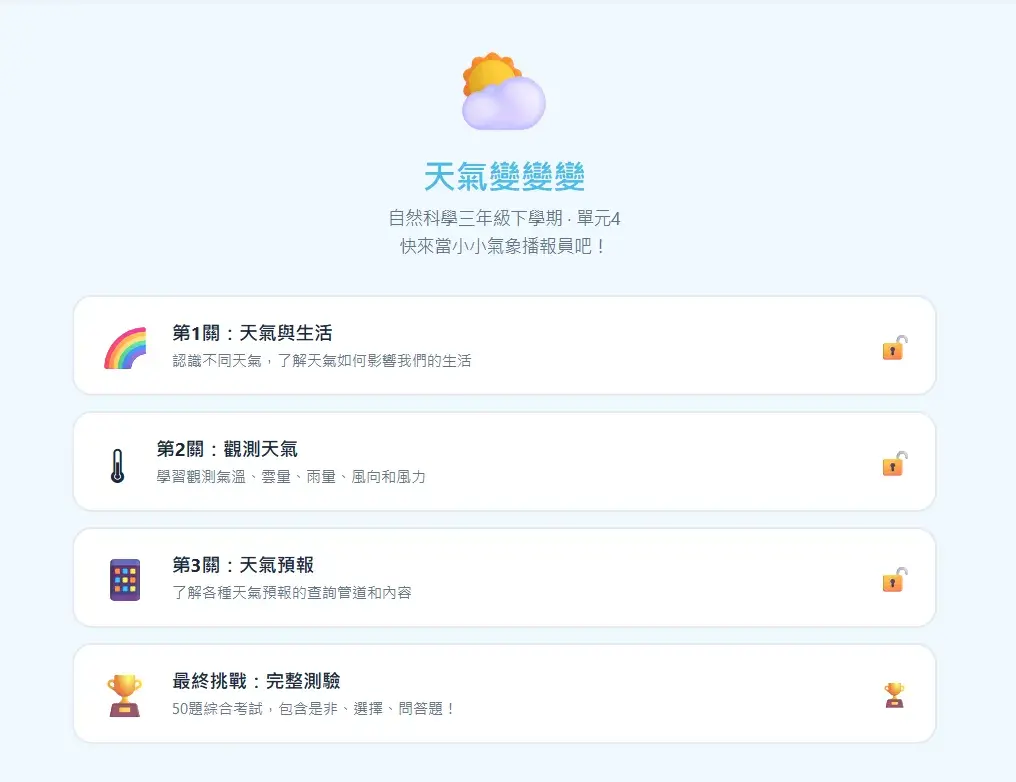 天氣變變變互動學習機首頁關卡選單，三個學習關卡加上最終挑戰50題綜合測驗
