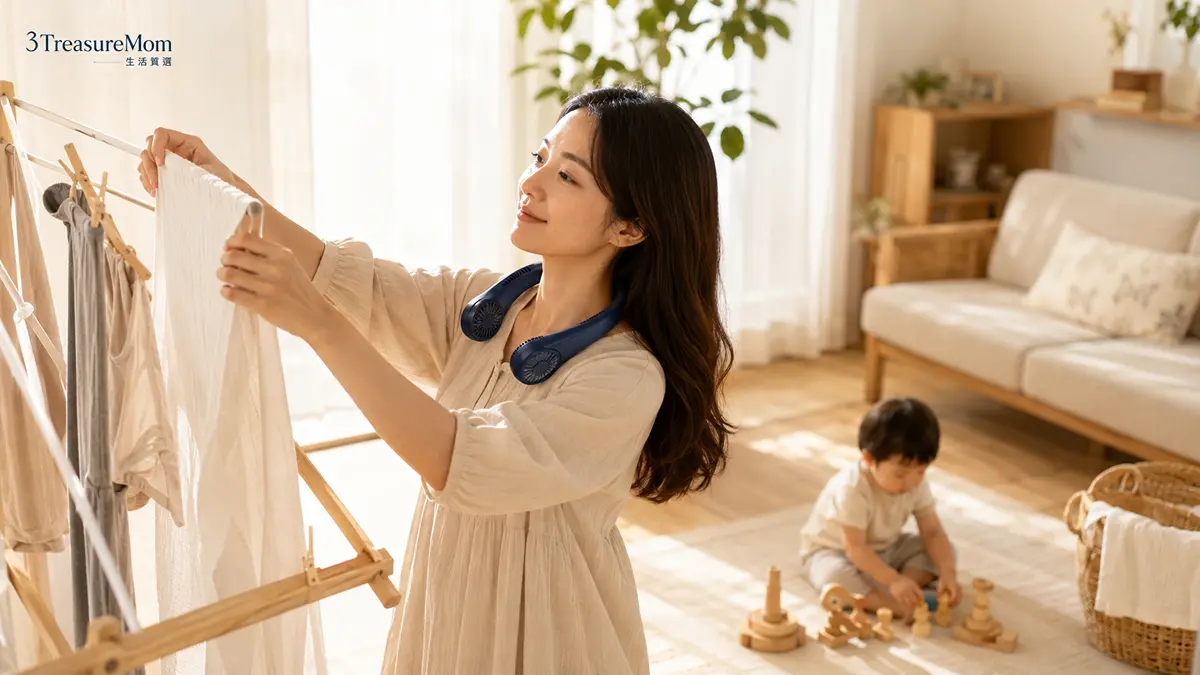 媽媽戴掛脖風扇做家事抱小孩生活情境圖