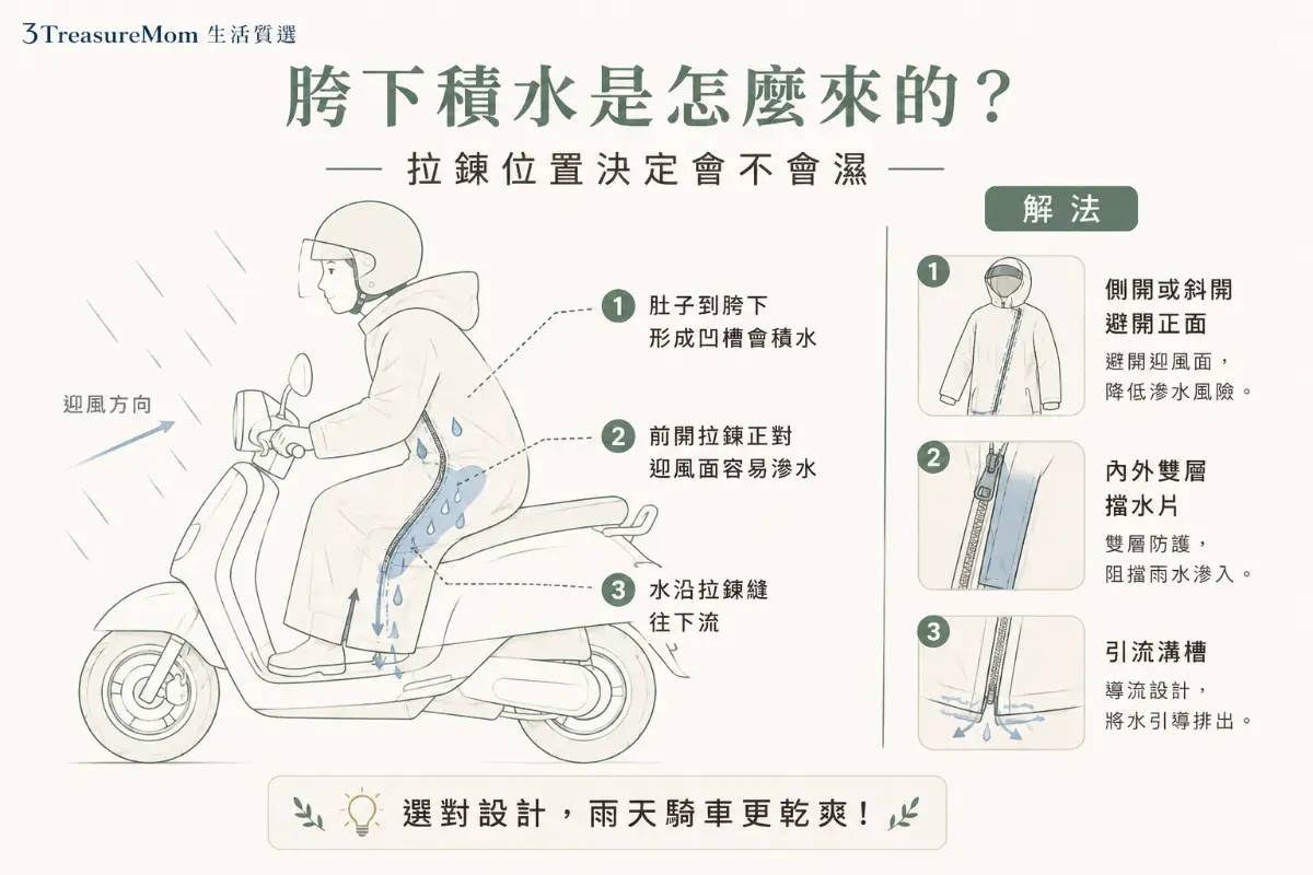 機車雨衣胯下積水原理與防積水設計示意圖