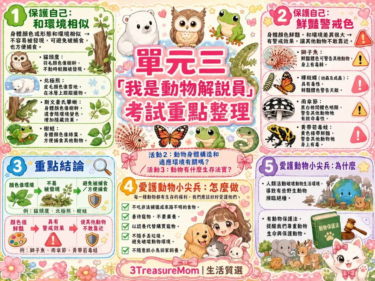國小三年級自然科康軒單元3我是動物解說員考試重點心智圖，包含保護色警戒色生存法寶例子以及愛護動物行動