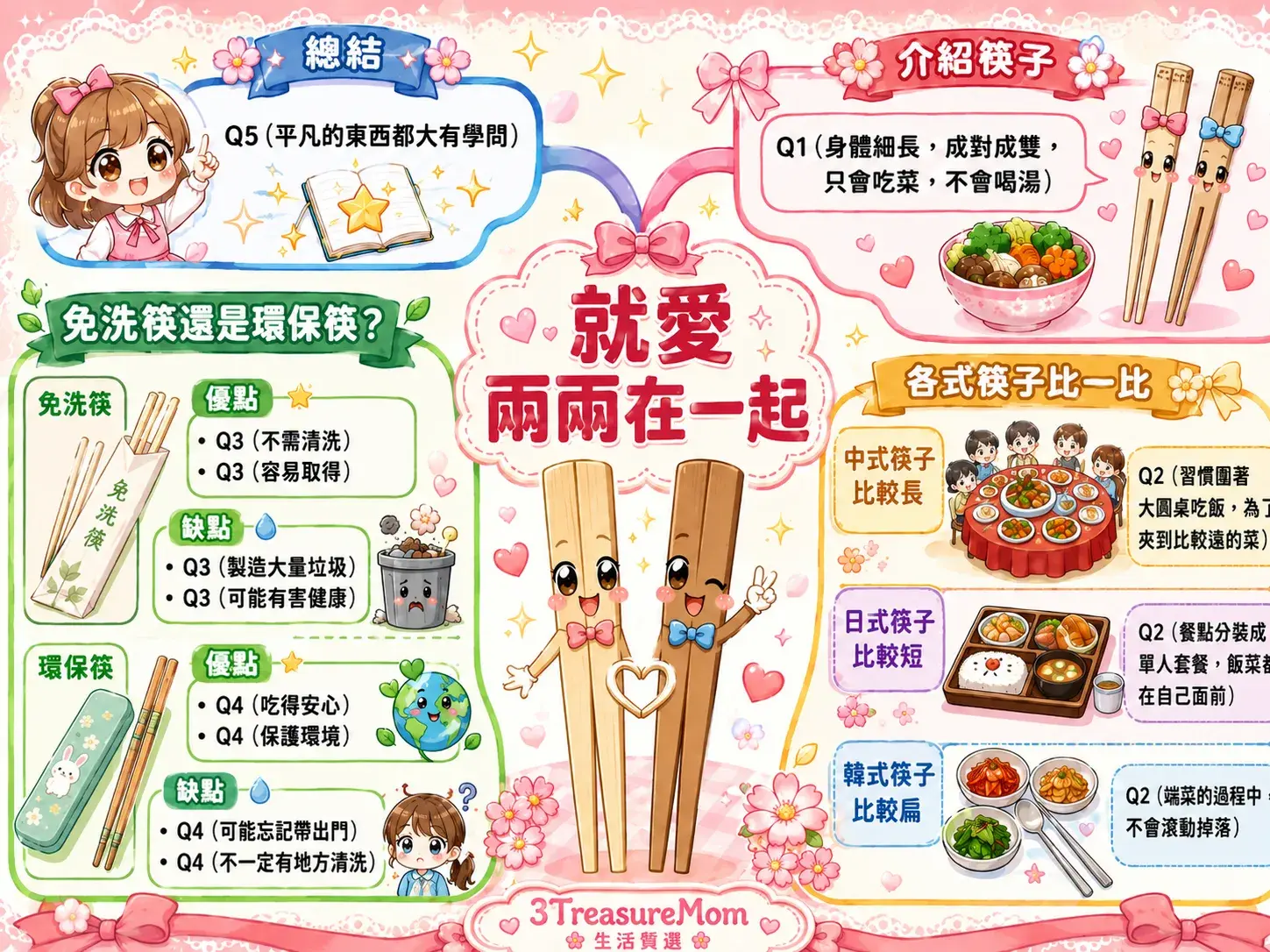 3TreasureMom三寶媽製作L09就愛兩兩在一起國語課文心智圖，呈現介紹筷子、各式筷子中式日式韓式比較、免洗筷環保筷優缺點、總結四大分支