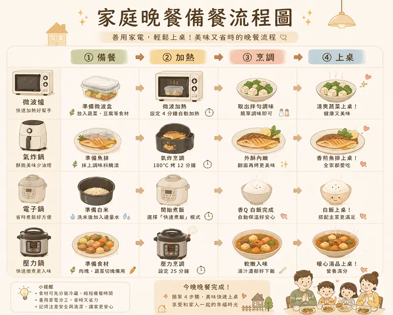 三寶媽晚餐備餐與微波爐分工流程圖