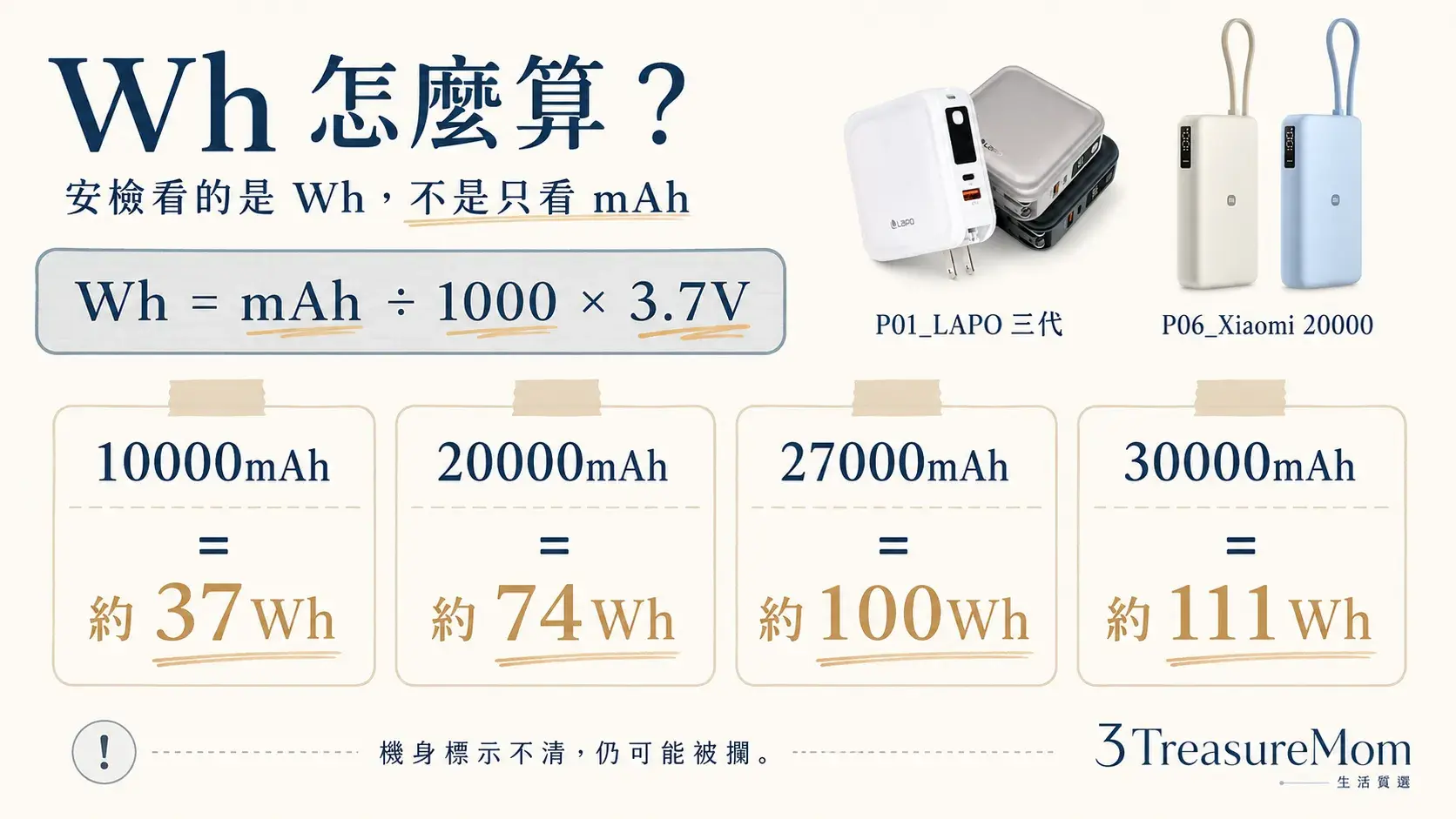 行動電源Wh換算教學 10000mAh 20000mAh 100Wh登機限制