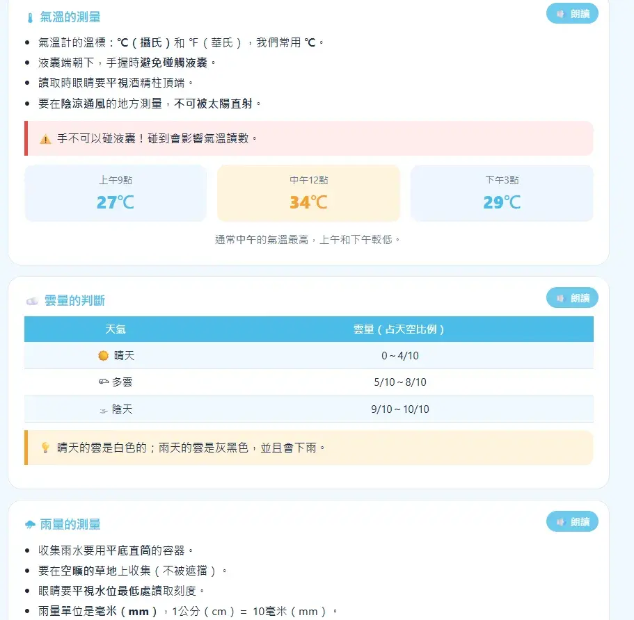 天氣變變變學習機第2關學習頁面，條列氣溫測量注意事項、雲量判斷表格、雨量測量規定