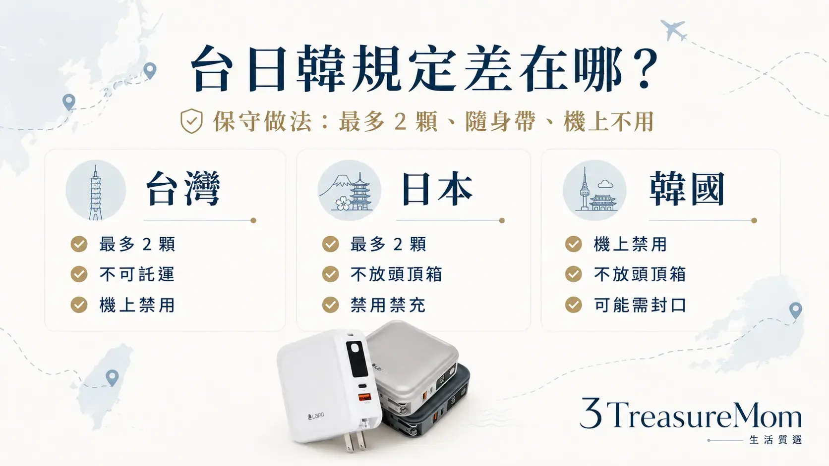 台灣日本韓國行動電源登機規定比較 機上禁用不可託運