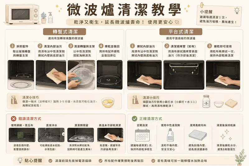 微波爐清潔重點與平台式優勢說明圖