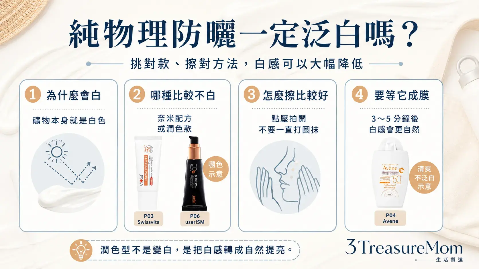 純物理防曬泛白怎麼辦 潤色款奈米配方與點壓成膜技巧整理圖