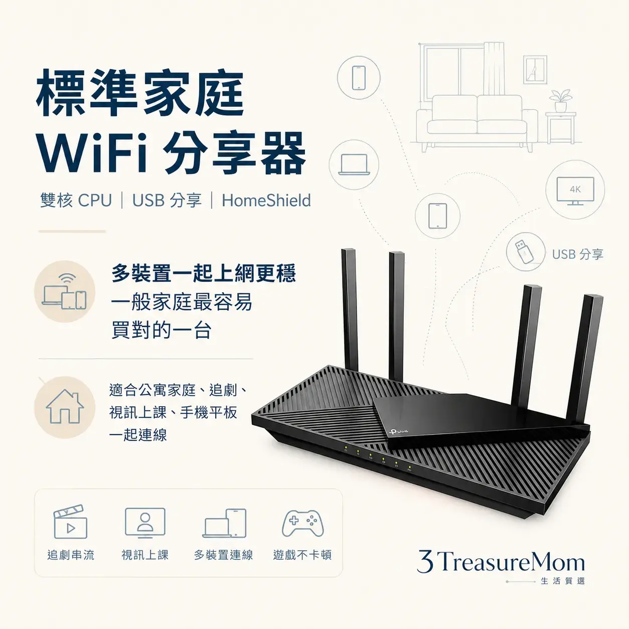 TP-Link Archer AX55 WiFi6 AX3000標準家庭多裝置穩定極簡產品廣告圖