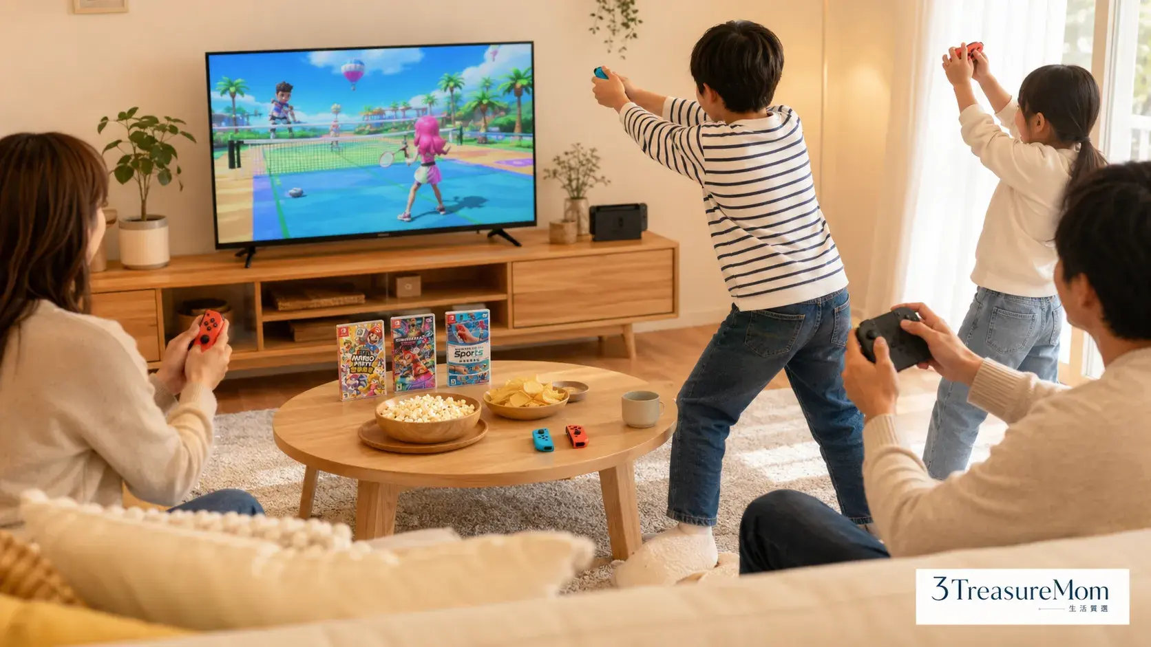 台灣家庭客廳一起玩 Switch 多人遊戲的生活情境