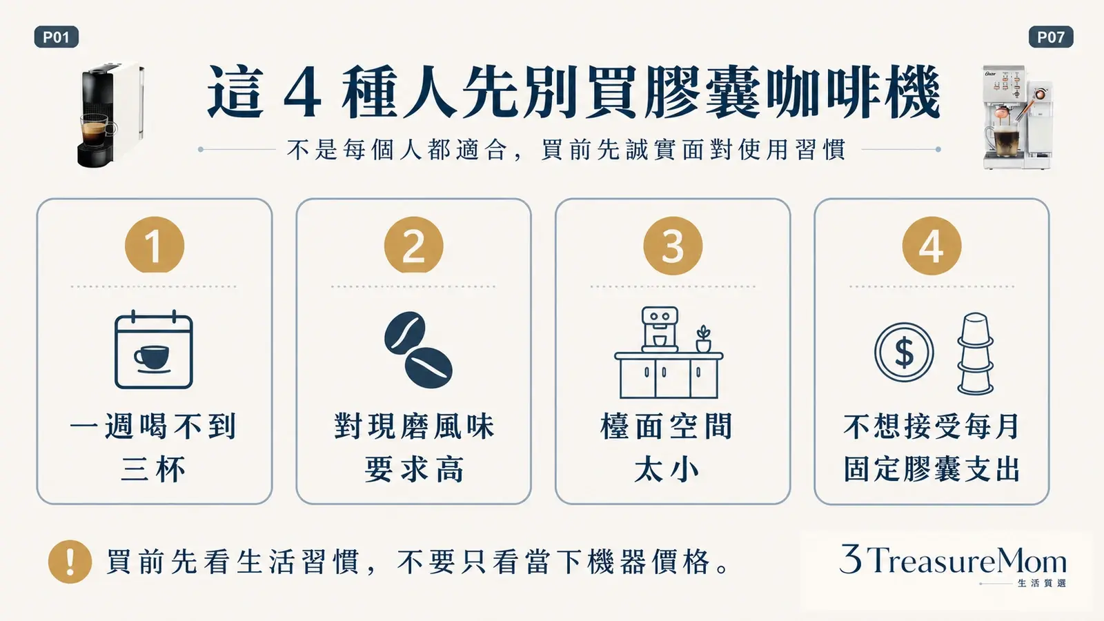 4種人先別買膠囊咖啡機 一週喝太少 風味要求高 檯面太小 不想固定花膠囊錢