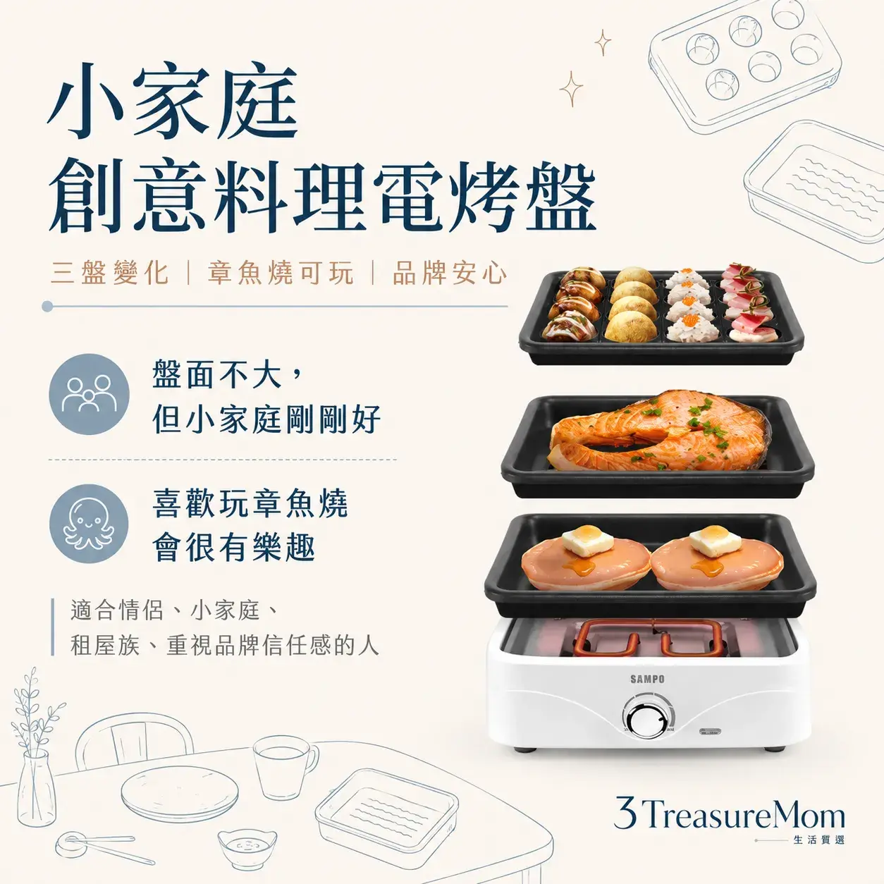 SAMPO TG-NA65C小家庭創意料理電烤盤 三盤章魚燒推薦