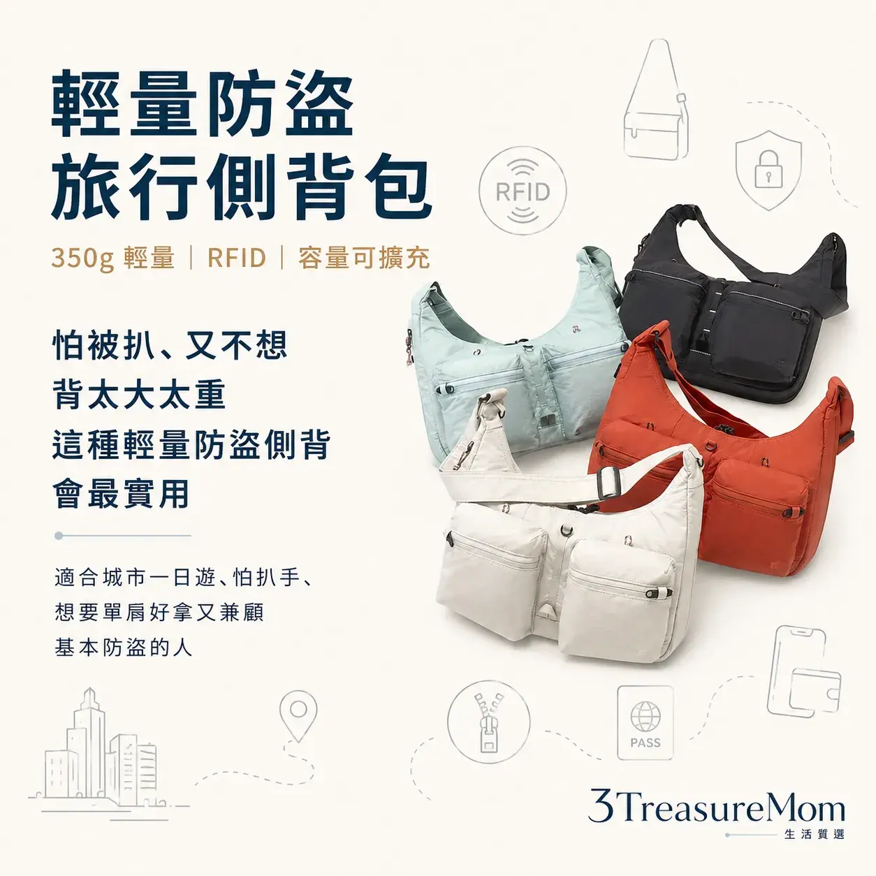 BRANDEN SAFE PLUS 輕量安心防盜側背包 極簡產品廣告圖