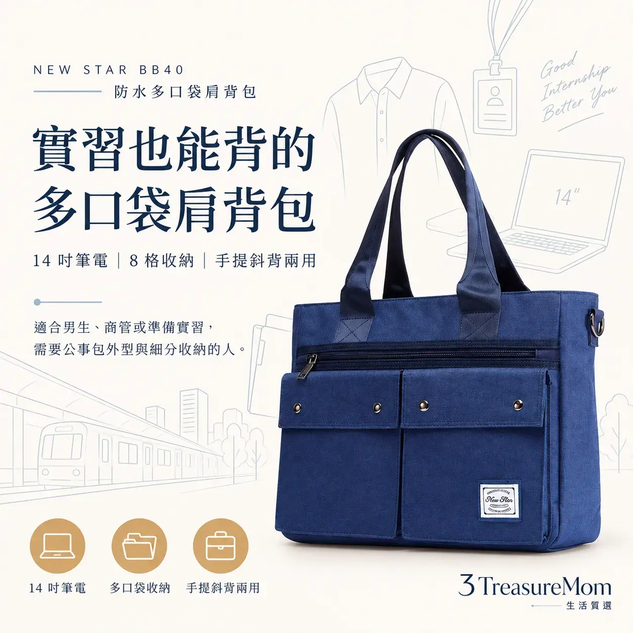 NEW STAR BB40防水多口袋14吋筆電肩背包單品介紹圖