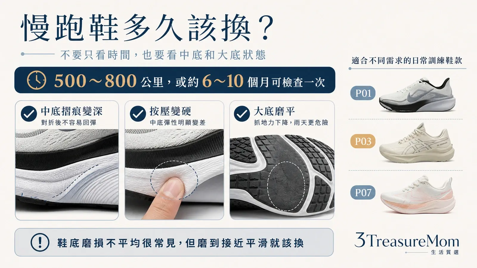 慢跑鞋多久換一雙 500到800公里中底回彈大底磨損判斷圖