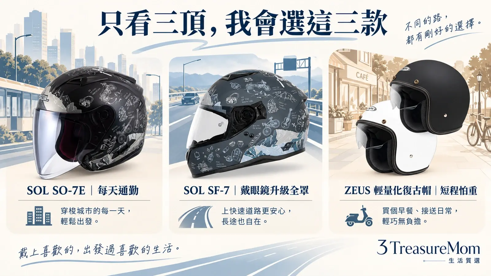 安全帽推薦私心三款SOL SO-7E SOL SF-7與ZEUS輕量復古帽通勤全罩短程比較圖