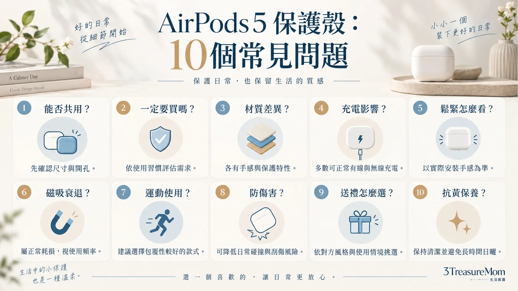 AirPods 5保護殼10個常見問題速覽圖，涵蓋相容性、材質、防摔、無線充電、磁吸開蓋與保養