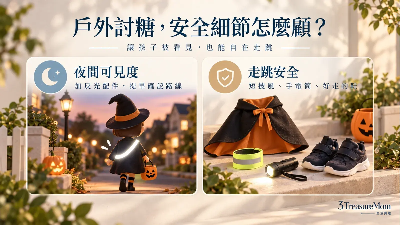 戶外討糖走跳，兒童萬聖節服裝反光配件與安全細節示意插畫