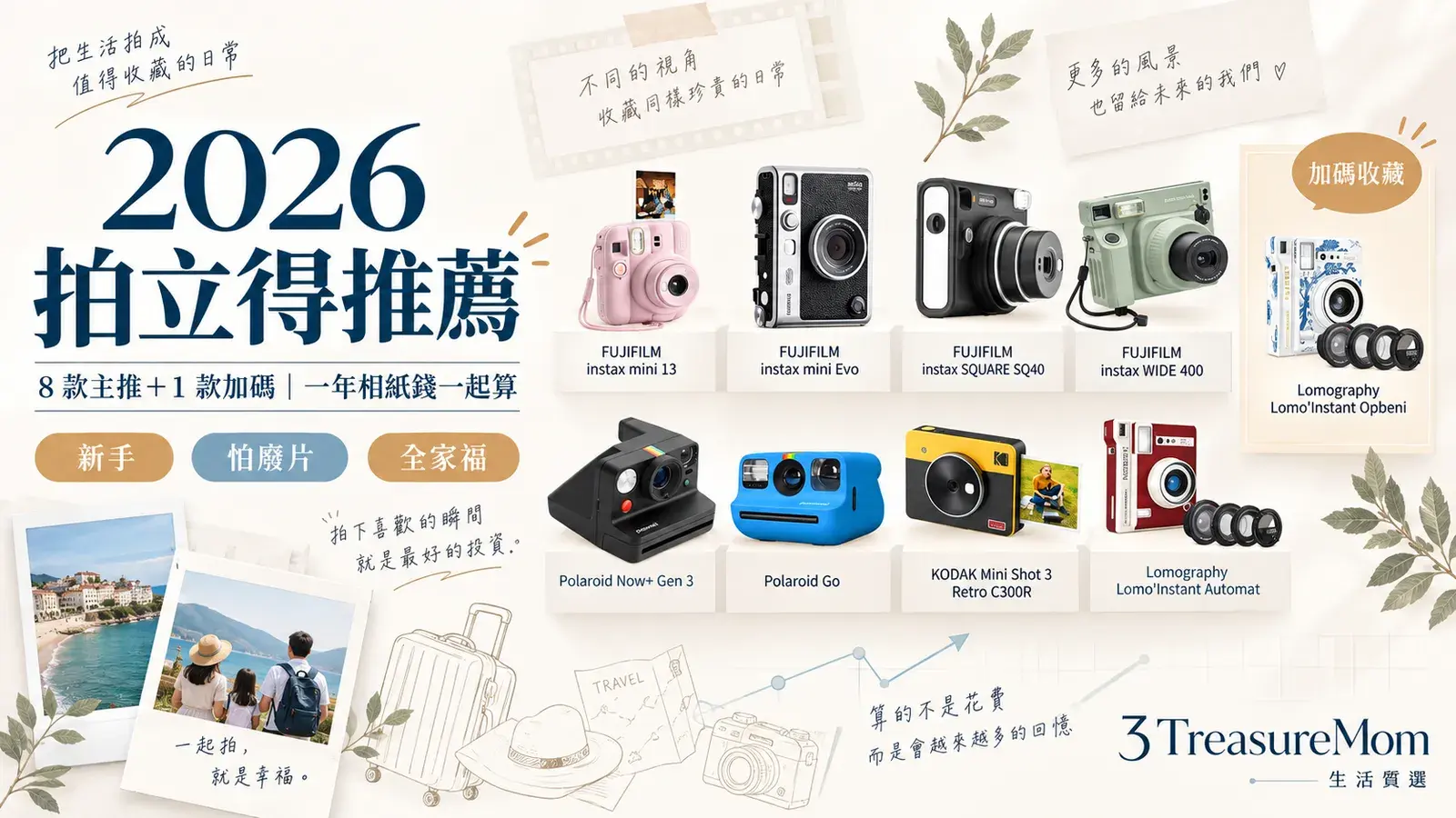 2026拍立得推薦8款加1款mini 13 mini Evo寶麗來Kodak與Lomography比較封面