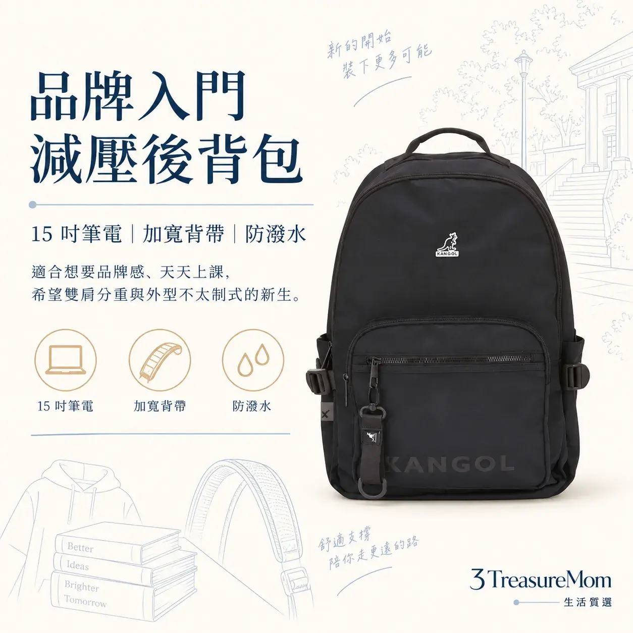 KANGOL 64251745減壓背帶15吋筆電後背包單品介紹圖