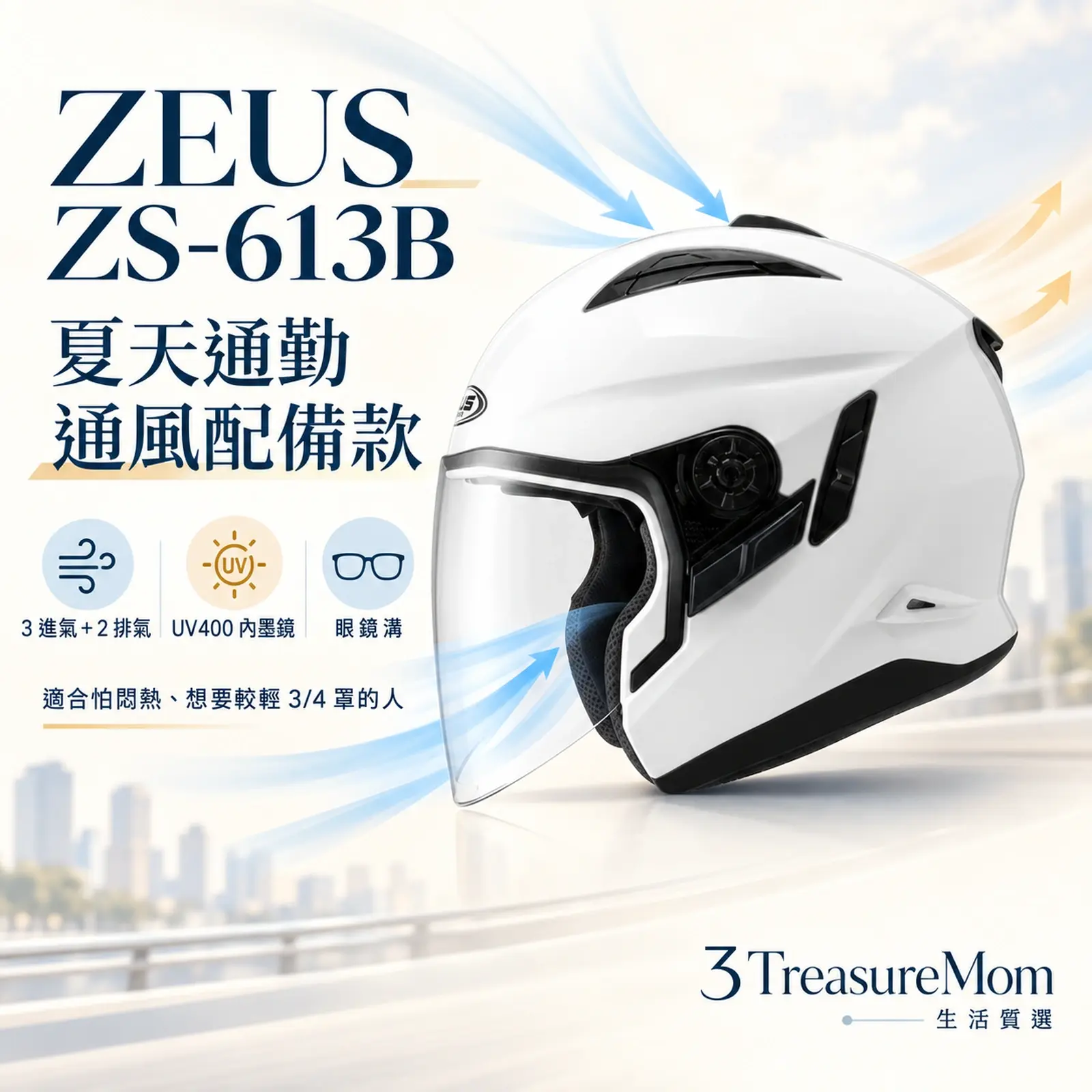 ZEUS ZS-613B帽頂進氣後方排氣UV400內墨鏡眼鏡溝3/4罩單品介紹圖