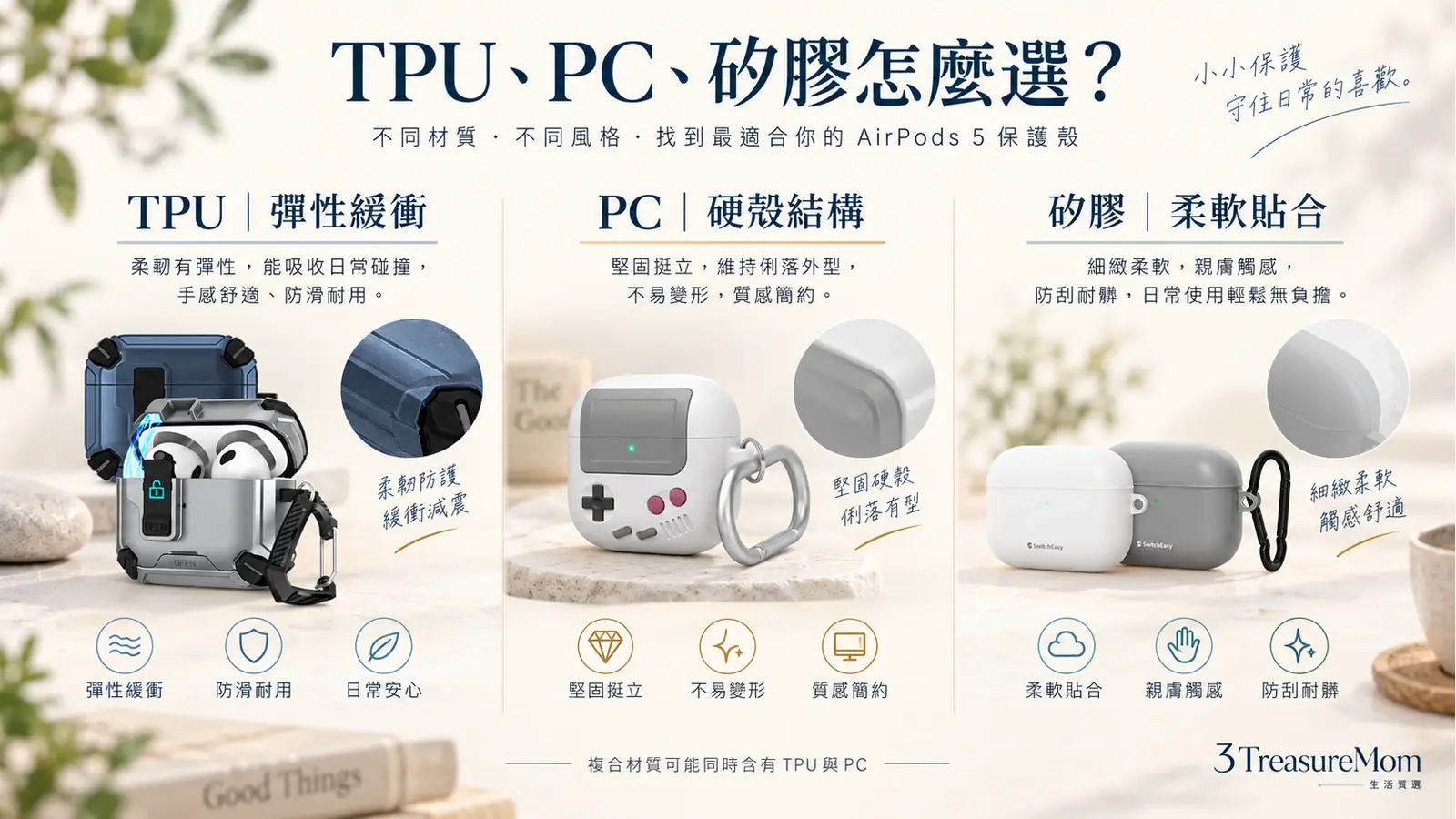 AirPods 5保護殼TPU、PC與矽膠材質比較圖，整理緩衝、硬度、手感與清潔差異