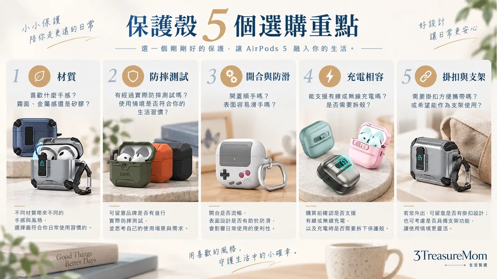 AirPods 5保護殼五大選購重點圖，整理材質、防摔測試、開合方式、充電相容及附加配件