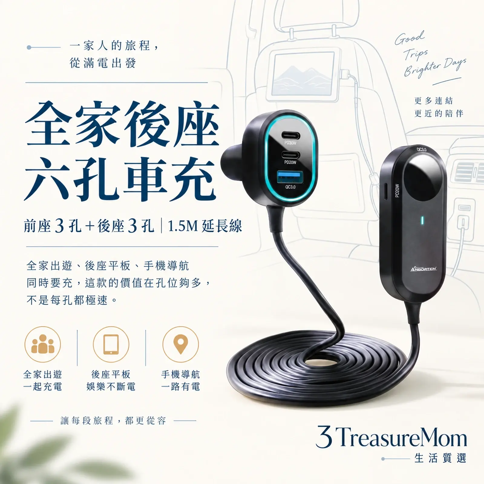 安伯特ANBORTEH ABT-E093酷電大師六孔後座延長車用充電器極簡產品廣告圖