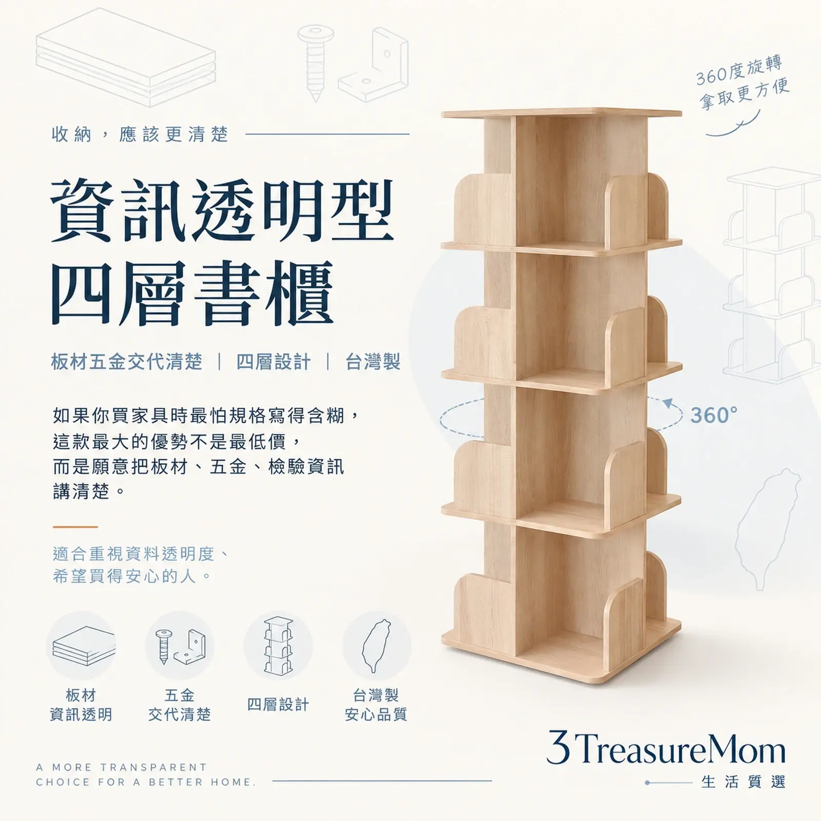 HOPMA G-RK400四層旋轉書櫃極簡產品廣告圖