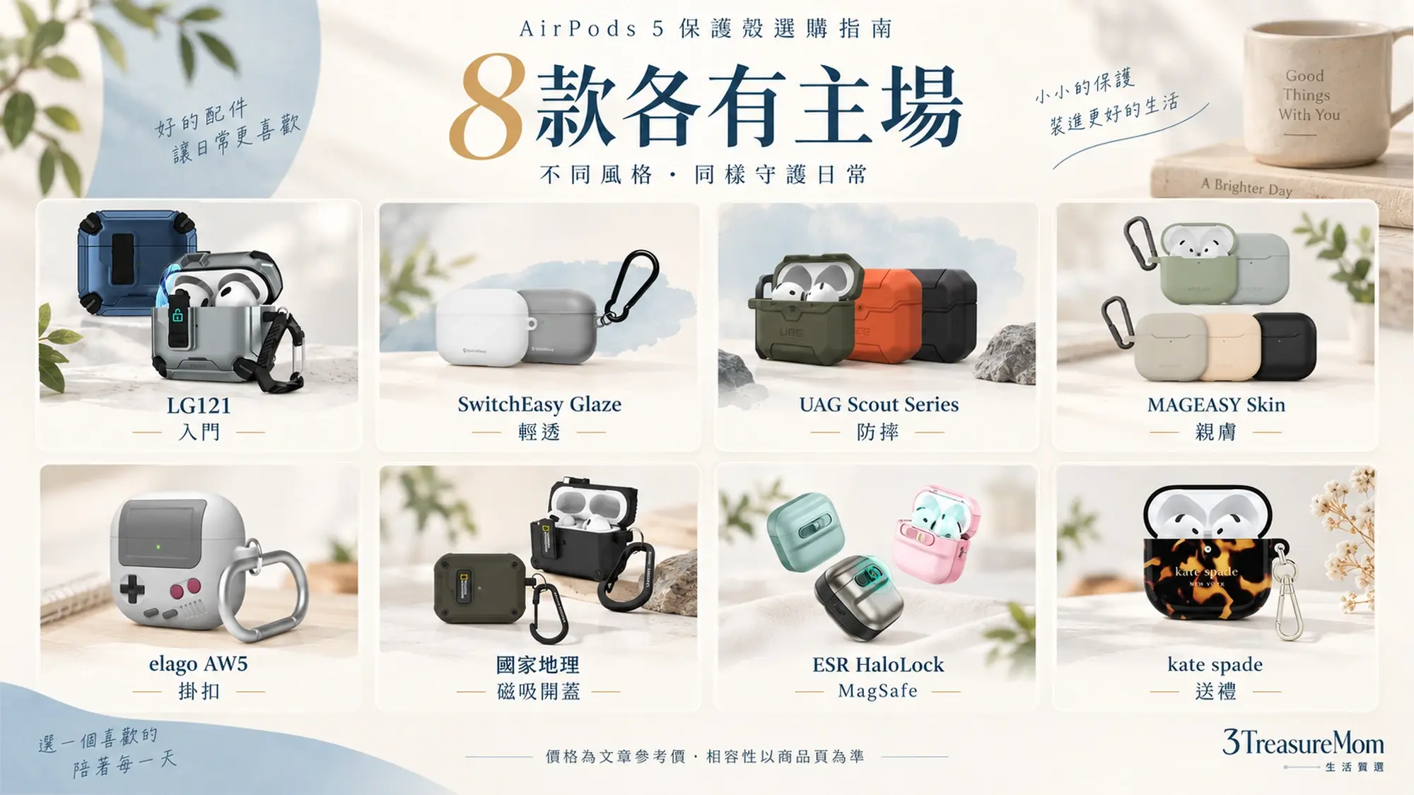AirPods 5保護殼推薦8款產品定位總覽圖，涵蓋入門、防摔、親膚、掛扣、磁吸及精品送禮