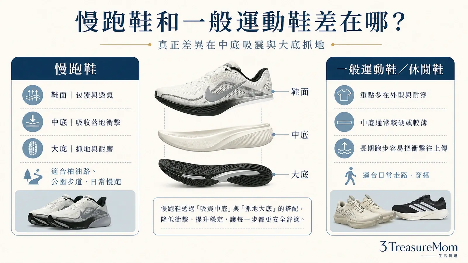 慢跑鞋和一般運動鞋差在哪 鞋面中底大底三層結構比較圖