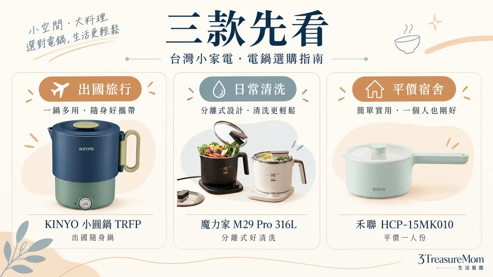 快煮鍋推薦前三款：KINYO 旅行鍋、魔力家 M29 Pro 與禾聯平價鍋