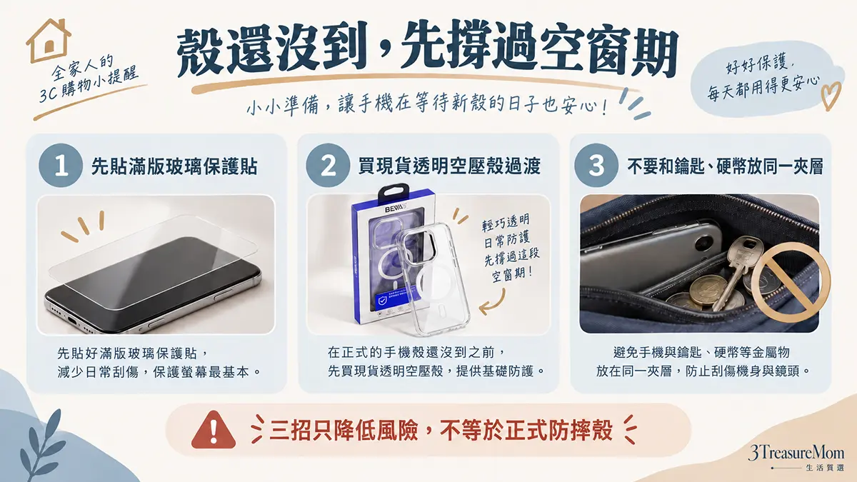 iPhone 18新機到貨手機殼未到的三招應急保護圖，包含保護貼、臨時空壓殼與分隔收納
