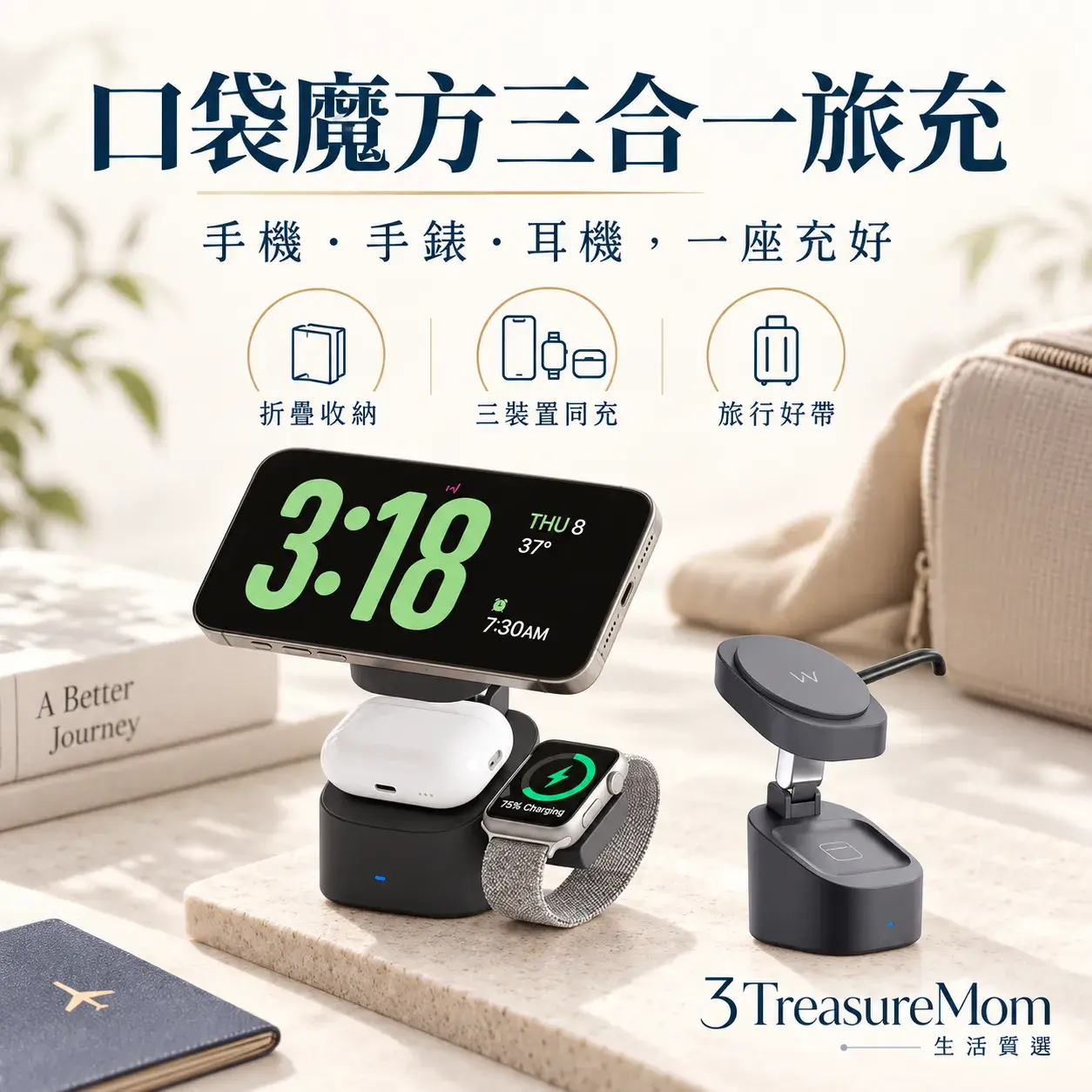 iWALK 魔方三合一充電摺疊支架極簡單品圖，主打三合一、折疊 63.4×63.4×73.2mm、272g、1 年保固