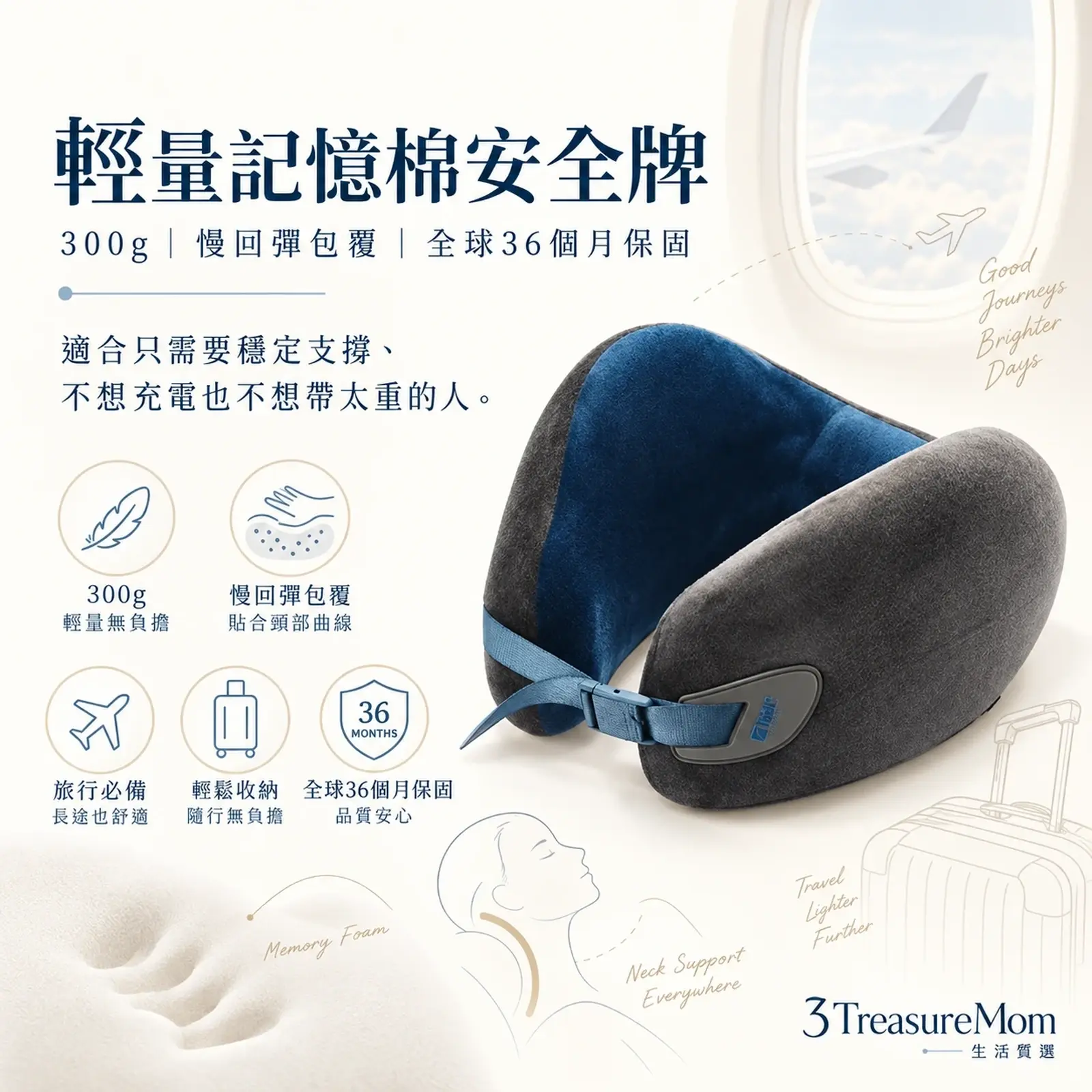 Travel Blue 藍旅 豪華舒適頸枕 單品廣告圖 300g 記憶棉支撐派 護頸枕怎麼選