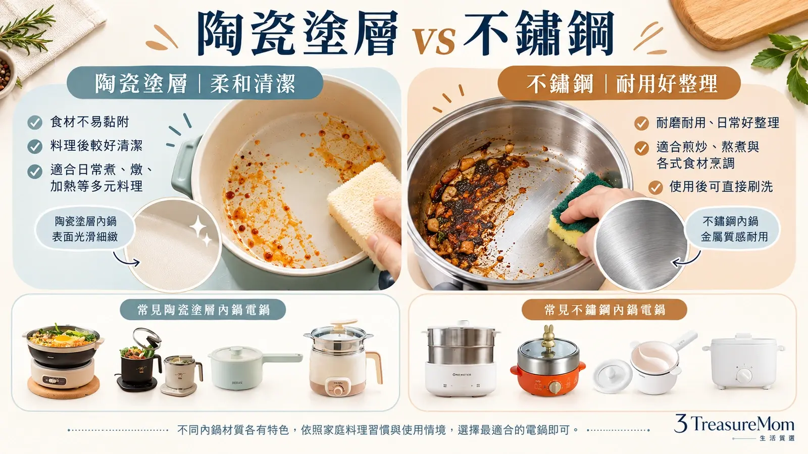 快煮鍋陶瓷塗層與304、316不鏽鋼內鍋清潔和煎蛋差異