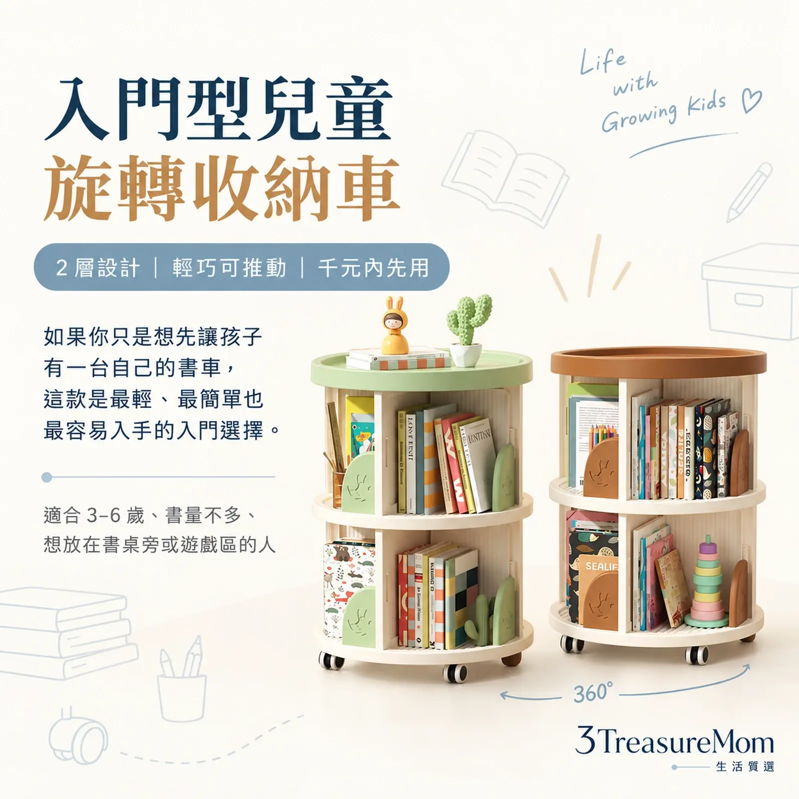 Life+旋轉分層行動學習收納車極簡產品廣告圖