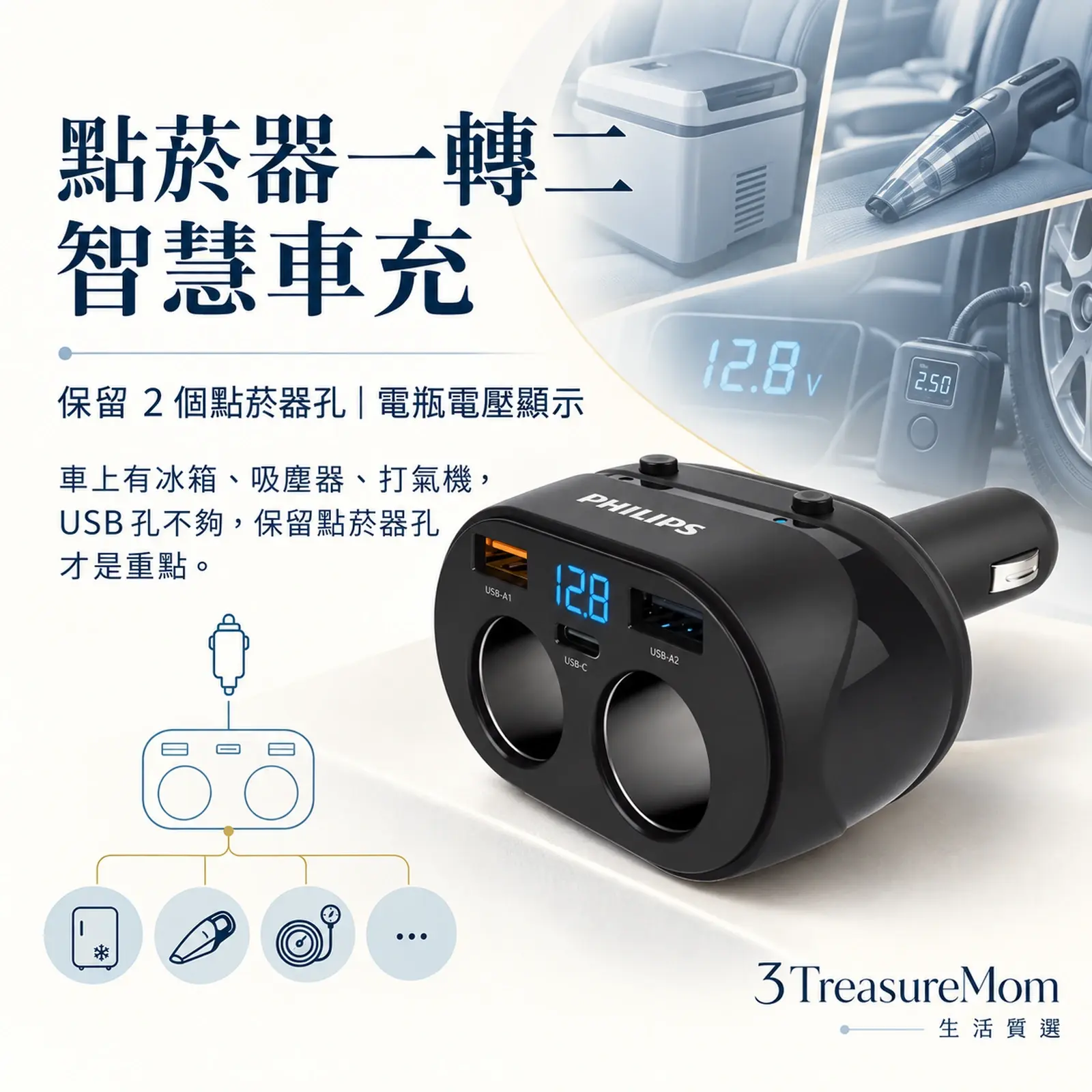 PHILIPS飛利浦DLP3521NC一轉二智慧顯示車充極簡產品廣告圖