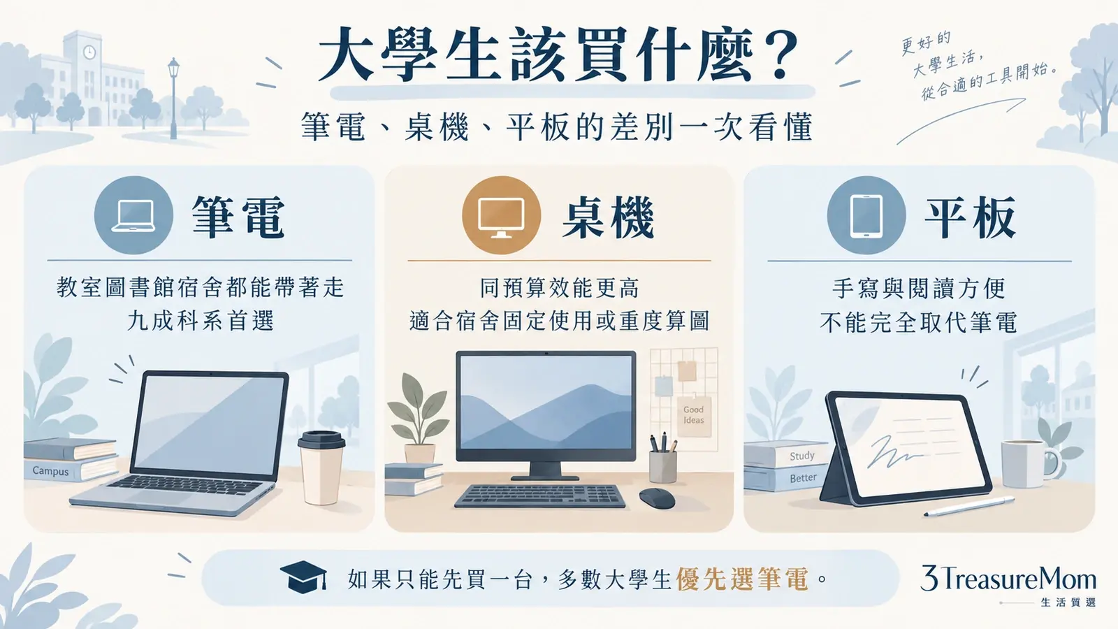 大學生該買筆電桌機還是平板 使用情境與優缺點比較圖