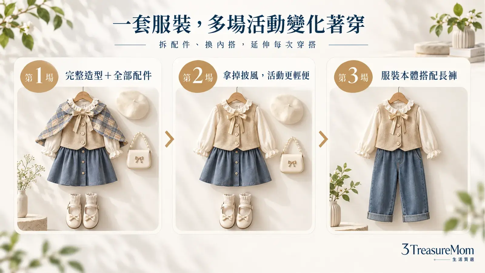 兒童萬聖節服裝多場活動搭配示意插畫，配件拆卸重複利用