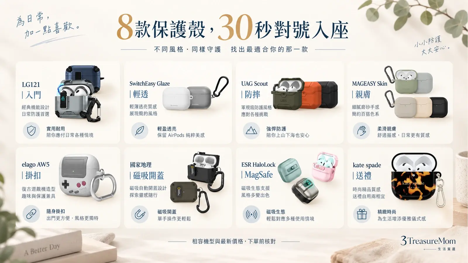 AirPods 5保護殼8款速覽圖，按入門、霧透、防摔、親膚、掛扣、磁吸、MagSafe及送禮需求分流