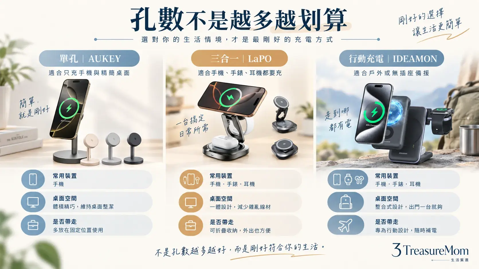 磁吸充電座單孔、三合一與行動電源型選擇圖，依手機、手錶、耳機和戶外需求分流