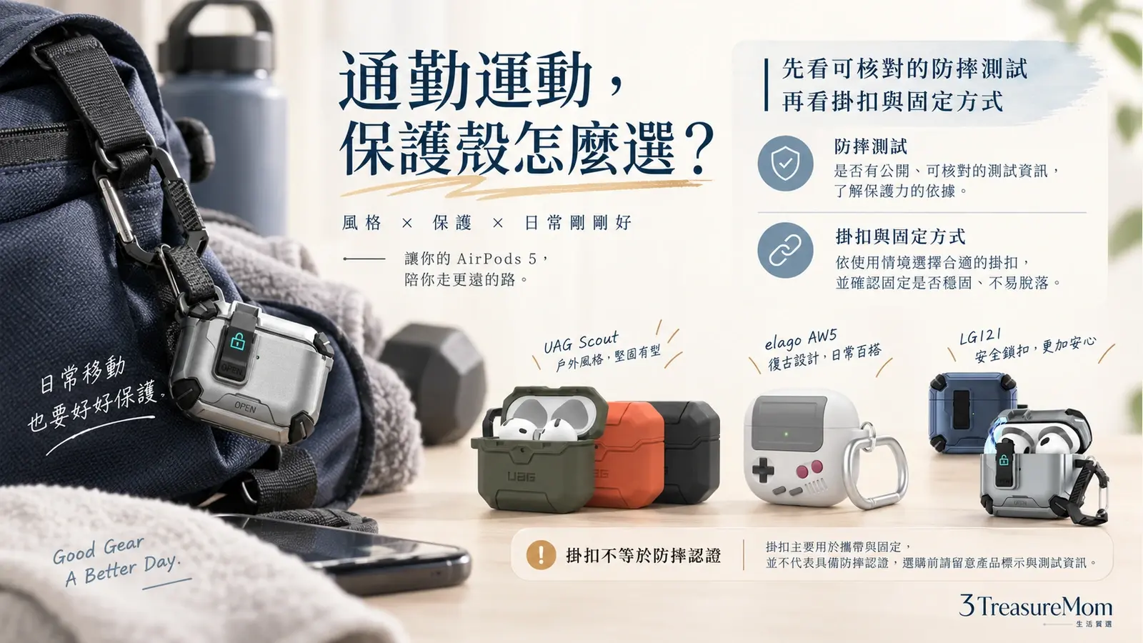 通勤運動AirPods 5保護殼選擇圖，對照UAG防摔與固定掛扣需求