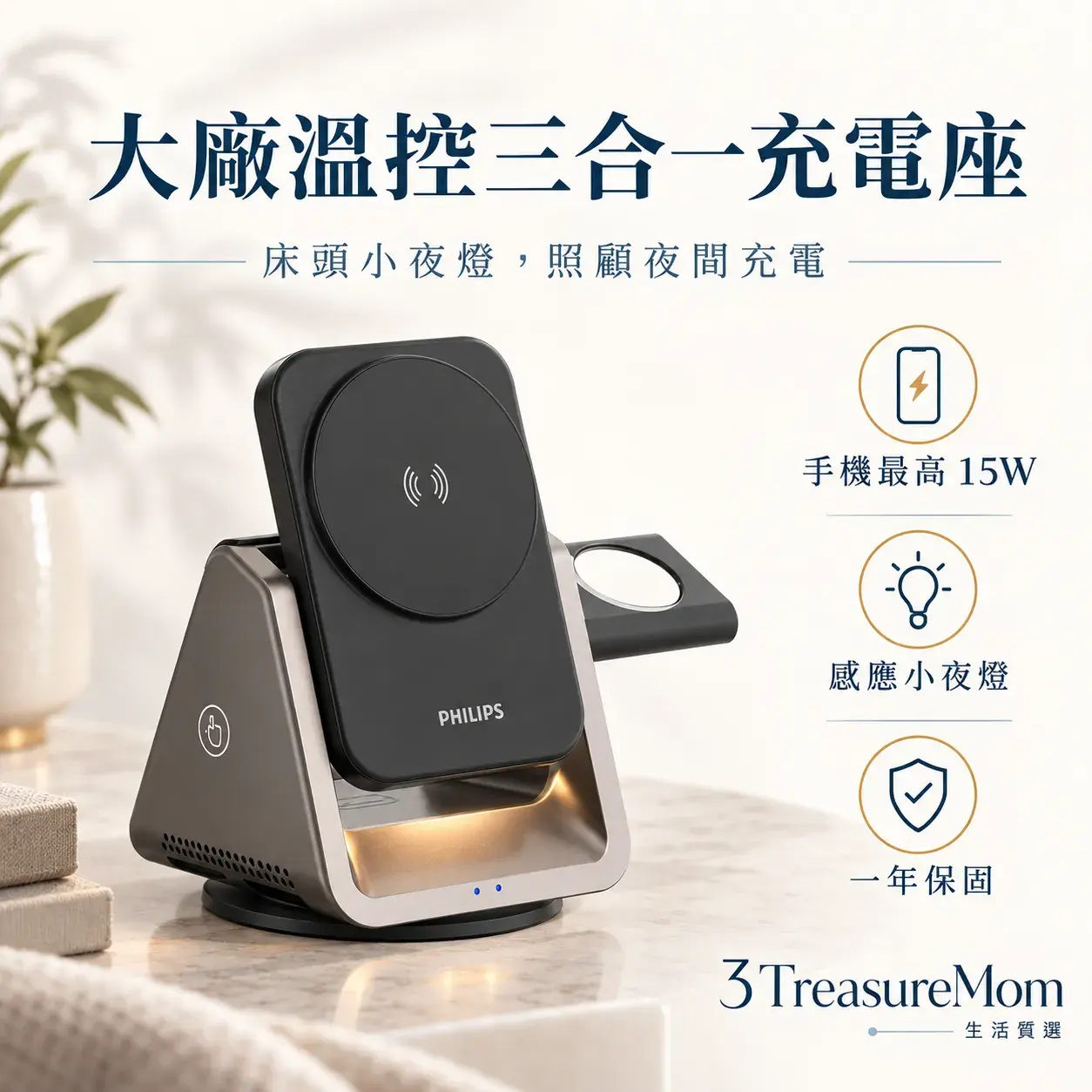 PHILIPS 黑金剛三合一磁吸充電座極簡單品圖，主打手機最高 15W、智慧溫控、感應小夜燈、1 年保固