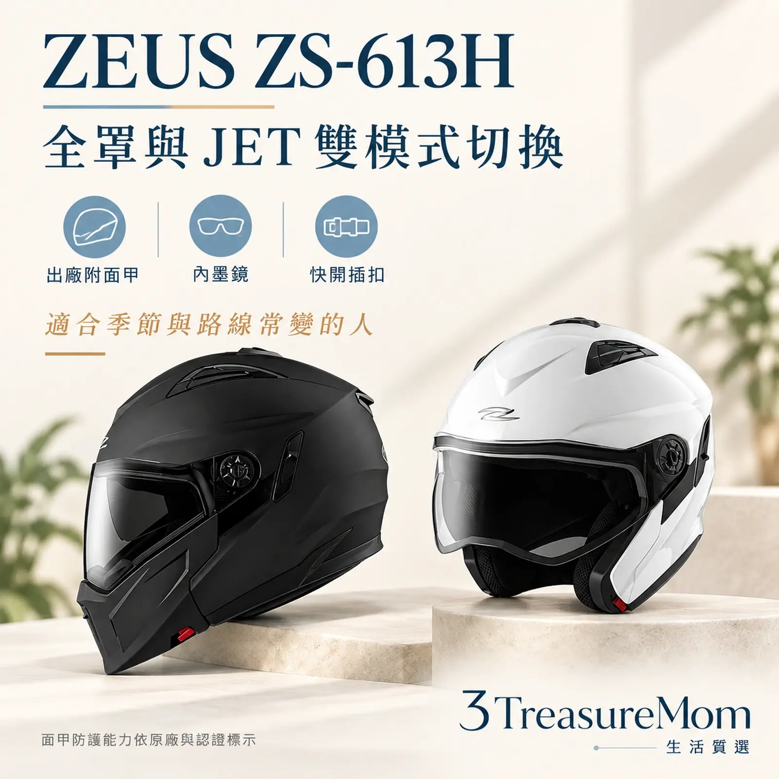 ZEUS ZS-613H可拆面甲全罩與JET 3/4雙模式內墨鏡安全帽單品介紹圖