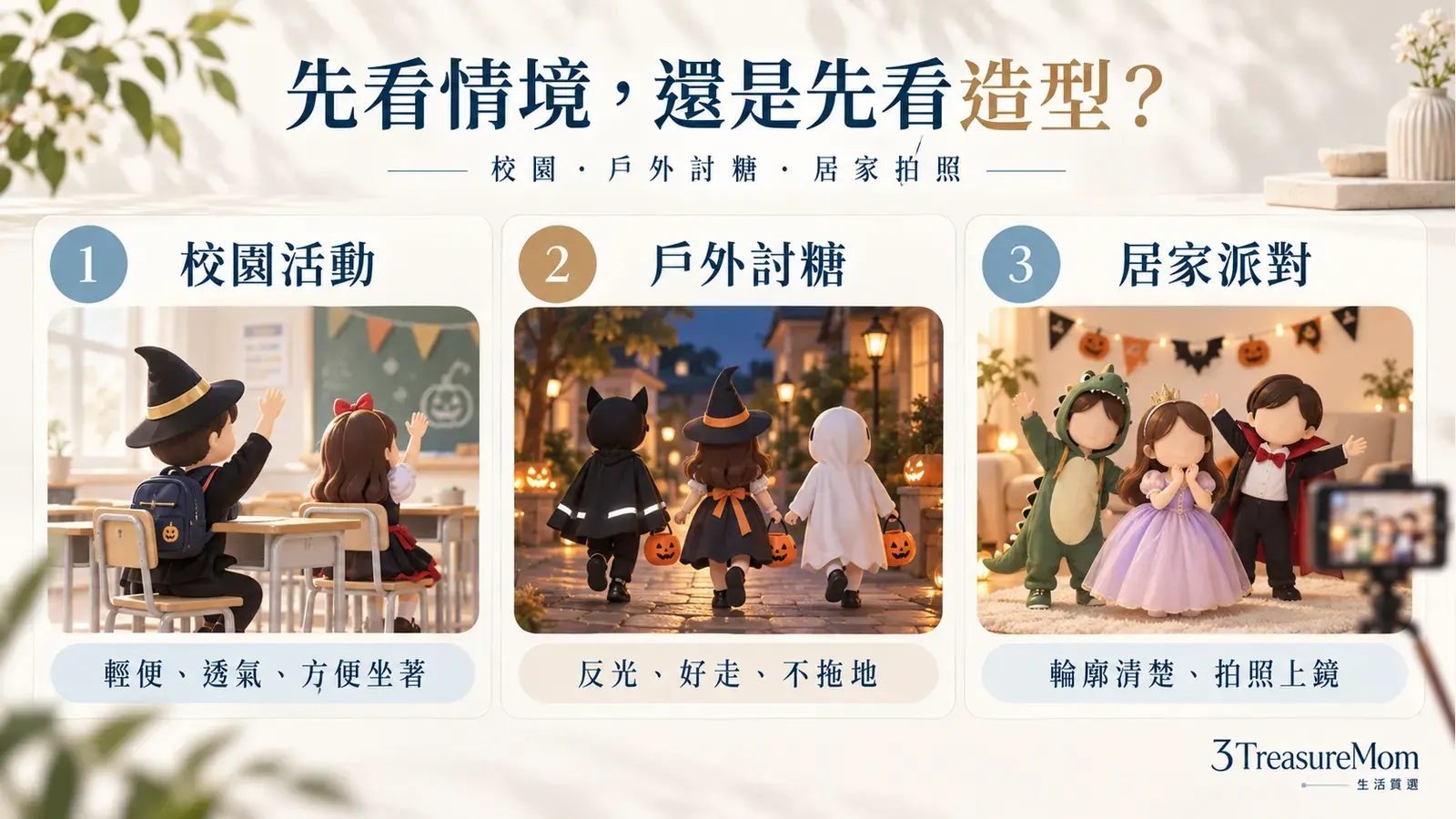 兒童萬聖節服裝怎麼選，居家拍照、戶外討糖、校園派對三種情境判斷示意插畫