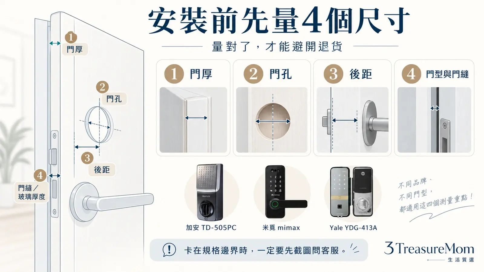 電子鎖安裝前要量門厚門孔後距門縫四個尺寸 電子門鎖推薦必看