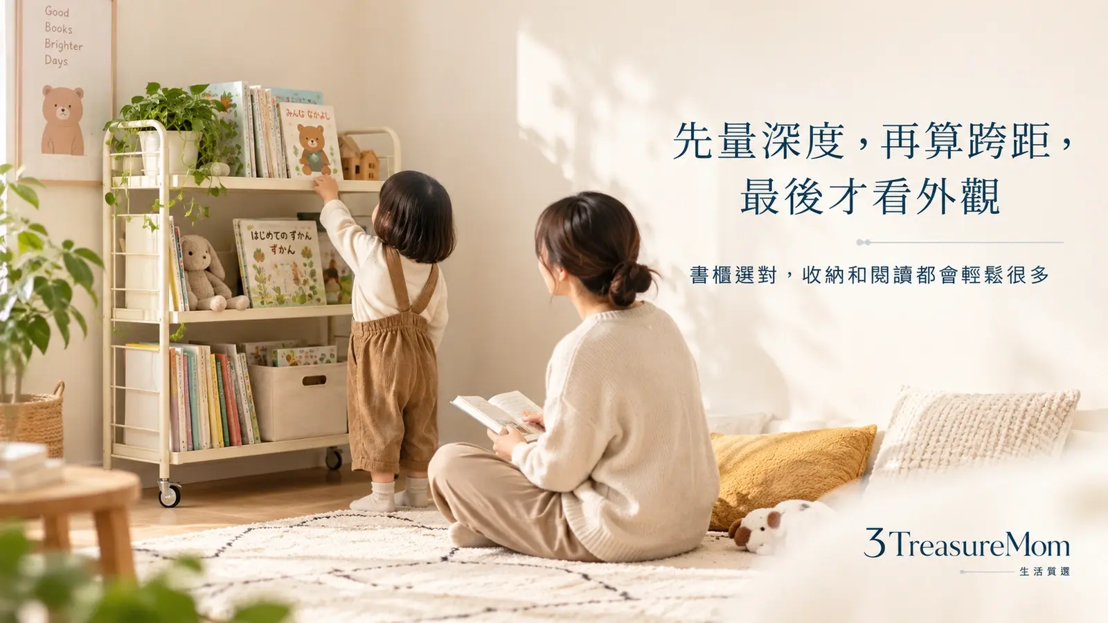 溫暖閱讀角生活情境圖，呈現書櫃選對後家中收納整齊、孩子容易取書與閱讀更輕鬆的日常